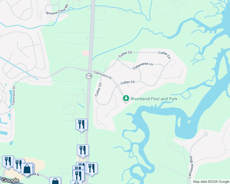 map of restaurants, bars, coffee shops, grocery stores, and more near 1 Schooner Lane in Bluffton