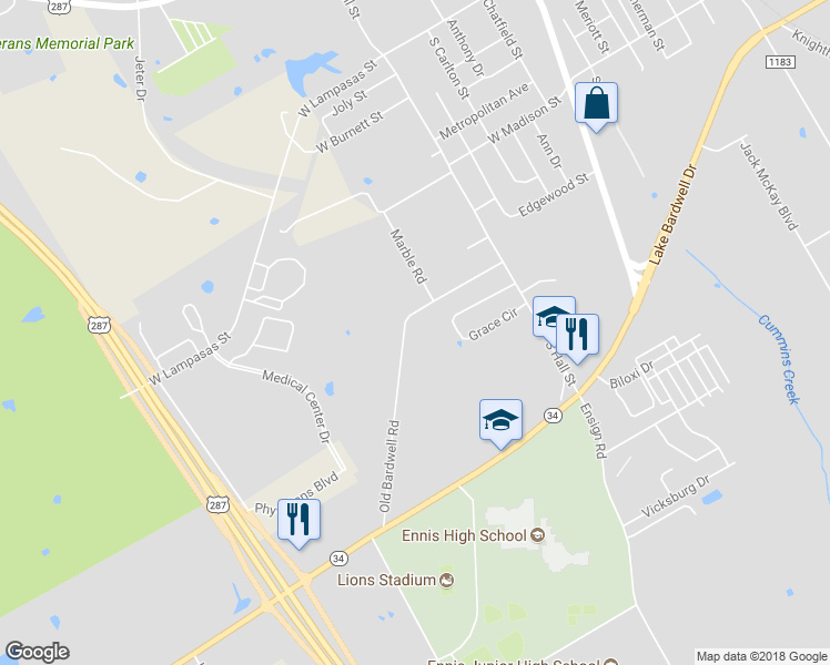 map of restaurants, bars, coffee shops, grocery stores, and more near 1501 Old Bardwell Road in Ennis