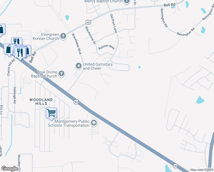 map of restaurants, bars, coffee shops, grocery stores, and more near 6063 Old Post Lane in Montgomery