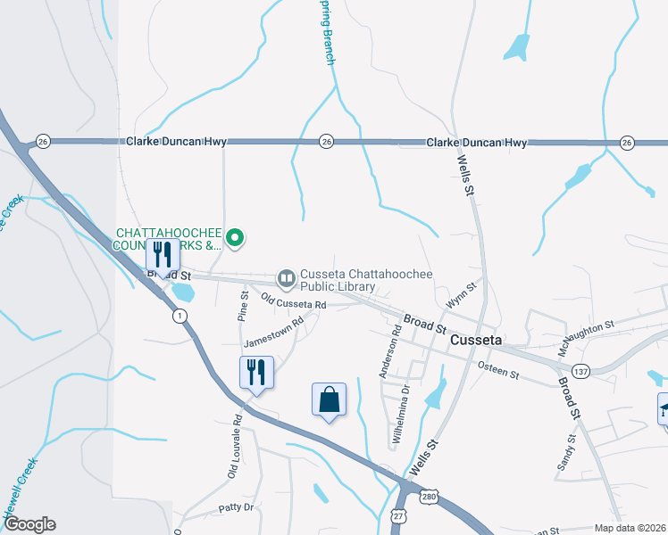 map of restaurants, bars, coffee shops, grocery stores, and more near Moore Street in Cusseta