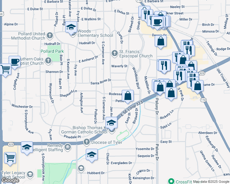 map of restaurants, bars, coffee shops, grocery stores, and more near 1408 Rodessa Drive in Tyler