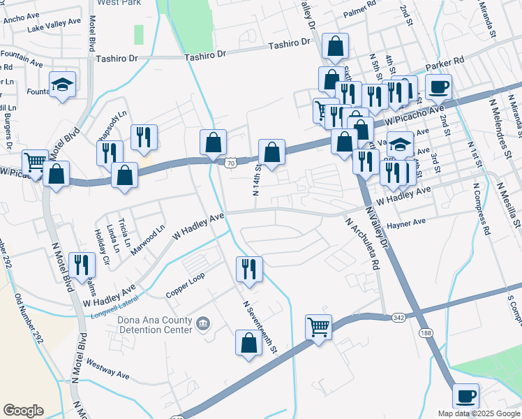 map of restaurants, bars, coffee shops, grocery stores, and more near 1781 West Hadley Avenue in Las Cruces