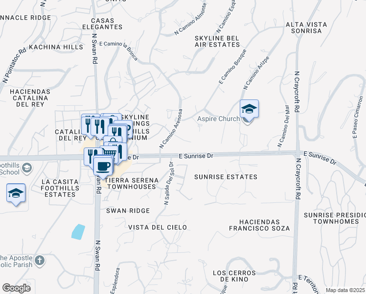 map of restaurants, bars, coffee shops, grocery stores, and more near 5069 East Mesa Crest Place in Tucson