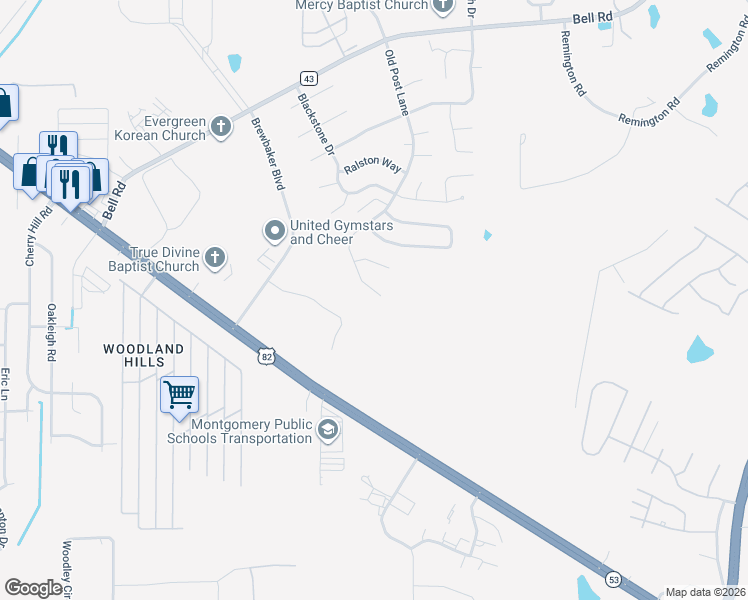 map of restaurants, bars, coffee shops, grocery stores, and more near 6063 Old Post Lane in Montgomery