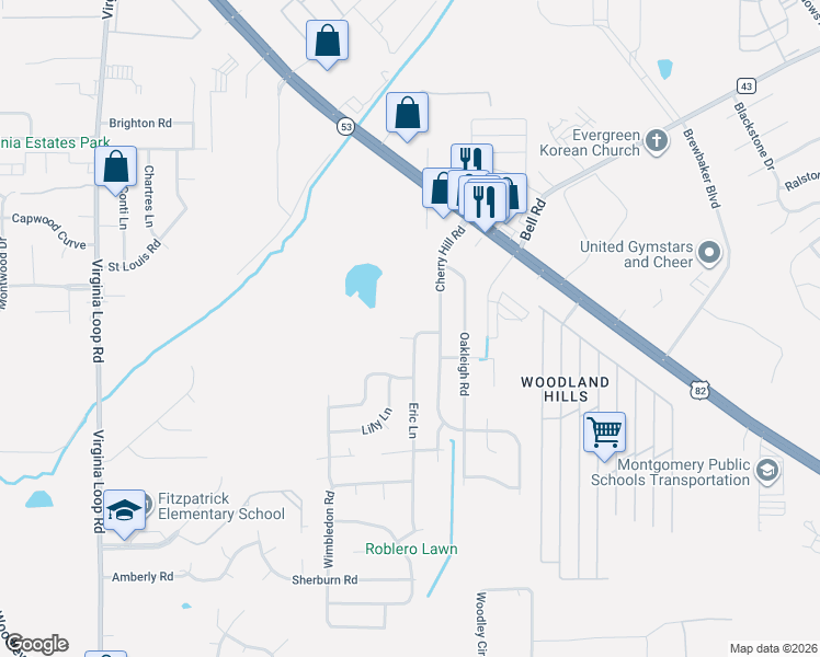 map of restaurants, bars, coffee shops, grocery stores, and more near 4580 Dover Drive in Montgomery
