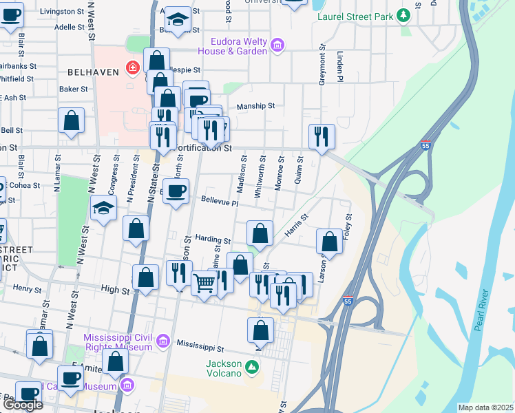 map of restaurants, bars, coffee shops, grocery stores, and more near 1020 Riverview Drive in Jackson