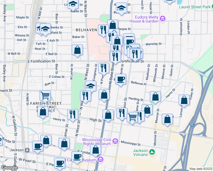 map of restaurants, bars, coffee shops, grocery stores, and more near in Jackson