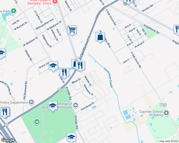 map of restaurants, bars, coffee shops, grocery stores, and more near 714 Biloxi Drive in Ennis