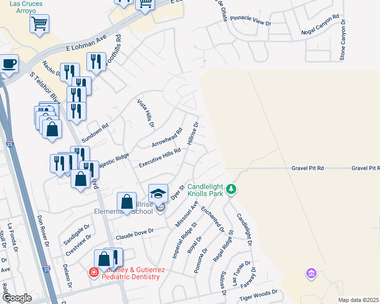 map of restaurants, bars, coffee shops, grocery stores, and more near 3224 Hillrise Drive in Las Cruces