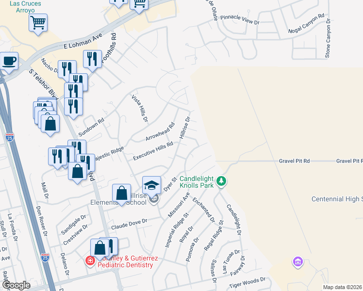 map of restaurants, bars, coffee shops, grocery stores, and more near 1013 Echo Lane in Las Cruces
