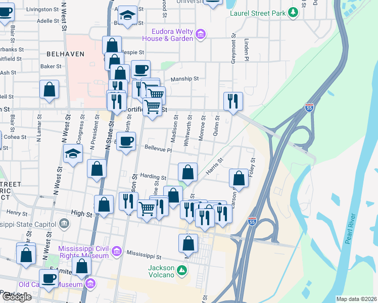 map of restaurants, bars, coffee shops, grocery stores, and more near 1123 Bellevue Place in Jackson