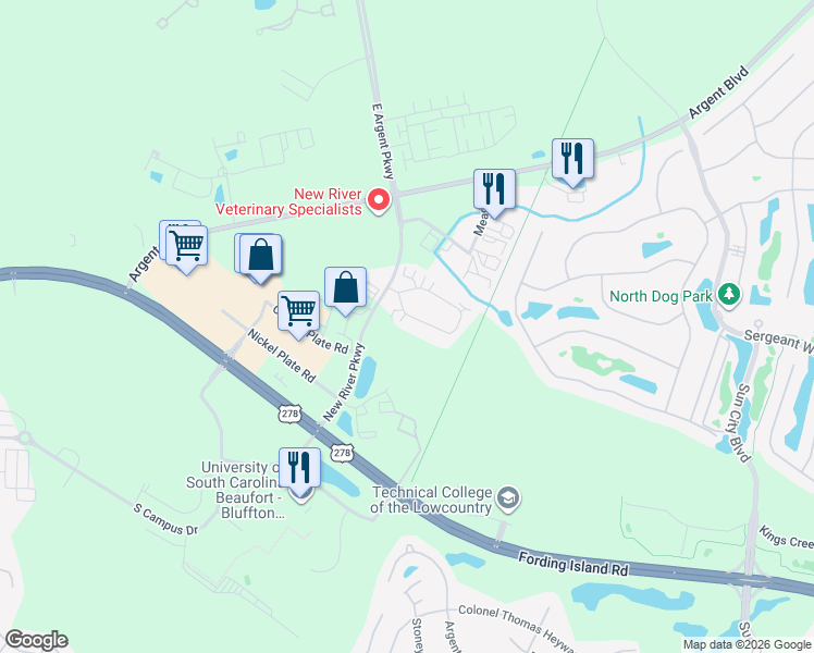 map of restaurants, bars, coffee shops, grocery stores, and more near 300 New River Parkway in Hardeeville