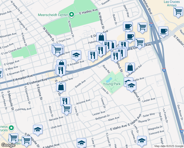 map of restaurants, bars, coffee shops, grocery stores, and more near 725 Lees Drive in Las Cruces