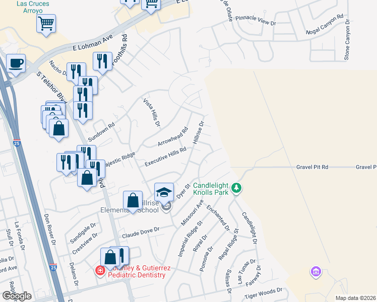 map of restaurants, bars, coffee shops, grocery stores, and more near 1013 Echo Lane in Las Cruces