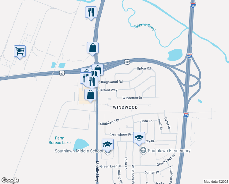 map of restaurants, bars, coffee shops, grocery stores, and more near 214 Winderton Drive in Montgomery