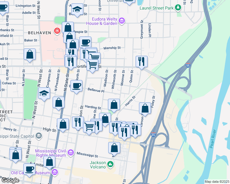 map of restaurants, bars, coffee shops, grocery stores, and more near 1123 Bellevue Place in Jackson