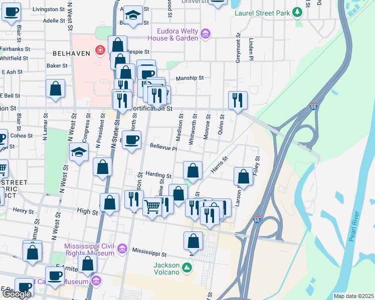 map of restaurants, bars, coffee shops, grocery stores, and more near 1020 Riverview Drive in Jackson