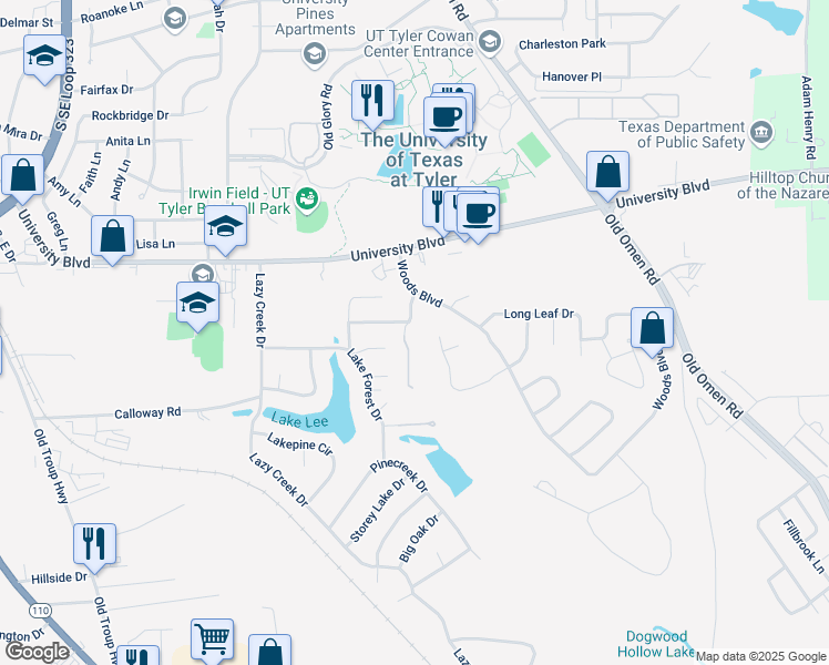 map of restaurants, bars, coffee shops, grocery stores, and more near 3604 Rock Creek Drive in Tyler