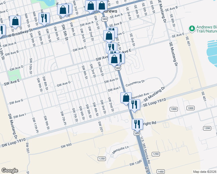 map of restaurants, bars, coffee shops, grocery stores, and more near 1014 Southwest 2nd Street in Andrews