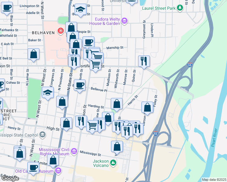 map of restaurants, bars, coffee shops, grocery stores, and more near 905 Whitworth Street in Jackson