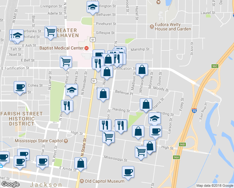 map of restaurants, bars, coffee shops, grocery stores, and more near 909 Bellevue Place in Jackson
