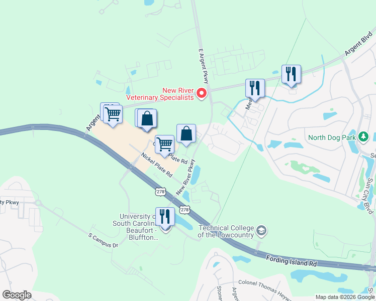 map of restaurants, bars, coffee shops, grocery stores, and more near 300 New River Parkway in Hardeeville