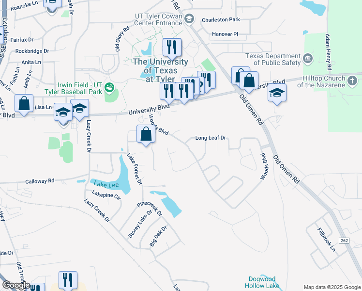 map of restaurants, bars, coffee shops, grocery stores, and more near 3615 Brookview Court in Tyler