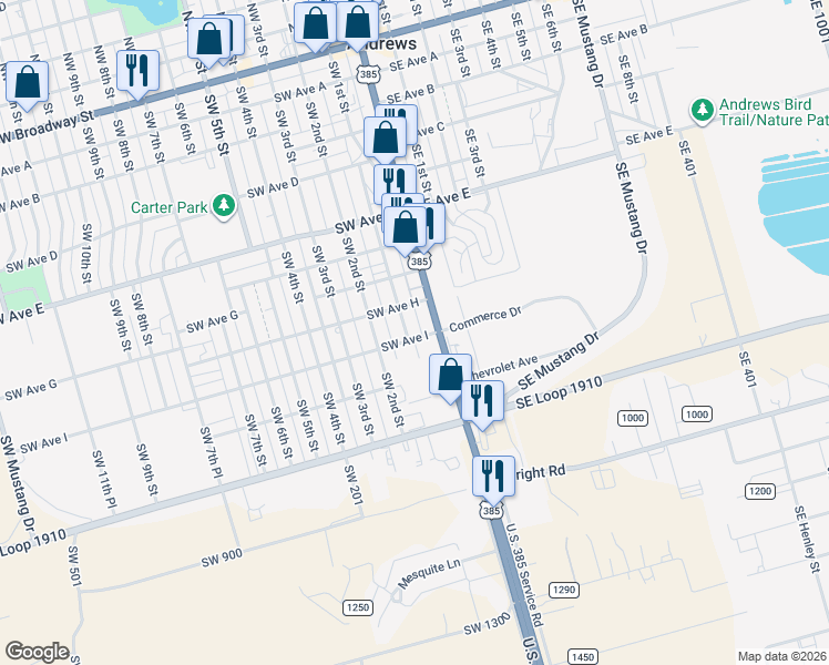 map of restaurants, bars, coffee shops, grocery stores, and more near 901 Southwest 1st Street in Andrews