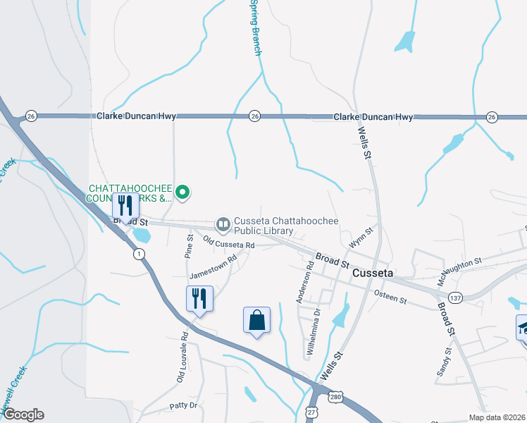 map of restaurants, bars, coffee shops, grocery stores, and more near Moore Street in Cusseta