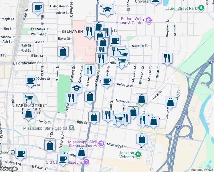 map of restaurants, bars, coffee shops, grocery stores, and more near 848 North Street in Jackson