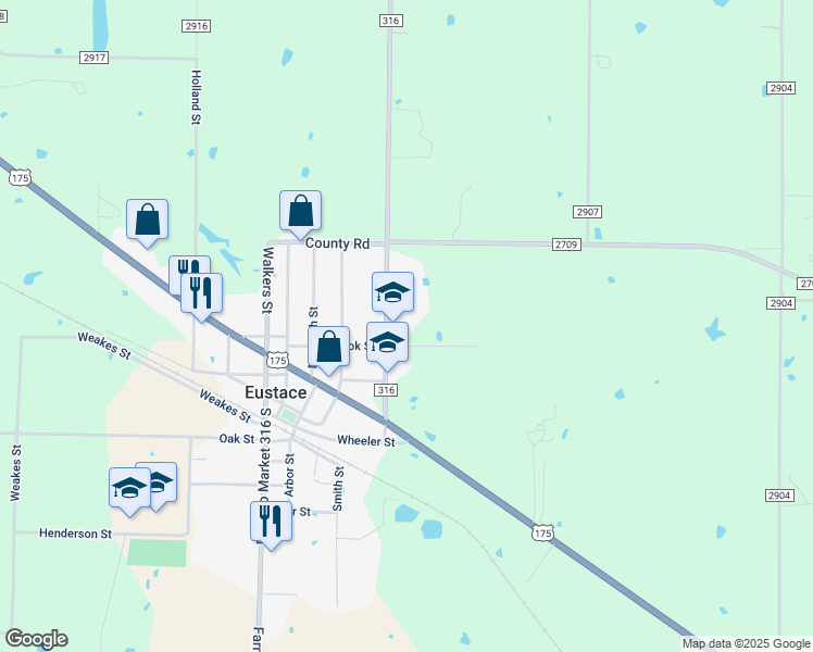 map of restaurants, bars, coffee shops, grocery stores, and more near 320 Farm to Market Road 316 in Eustace