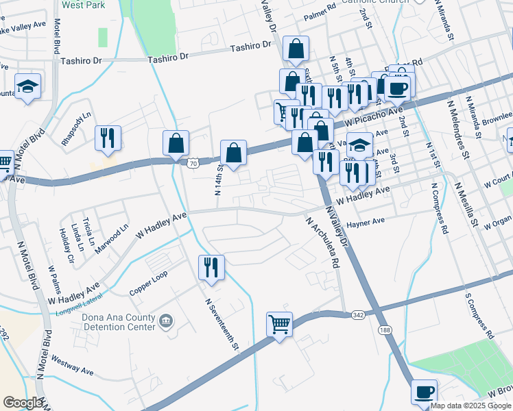 map of restaurants, bars, coffee shops, grocery stores, and more near 1720 West Hadley Avenue in Las Cruces