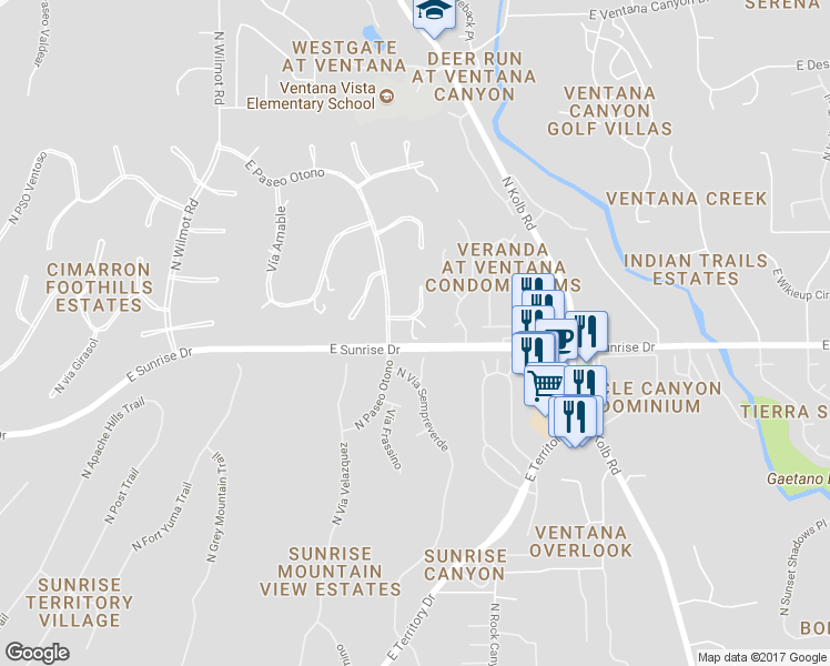 map of restaurants, bars, coffee shops, grocery stores, and more near 6630 East Círculo Invierno in Tucson