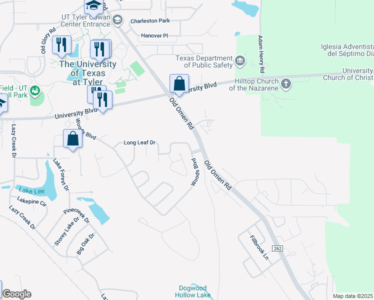 map of restaurants, bars, coffee shops, grocery stores, and more near 3730 Winding Way in Tyler