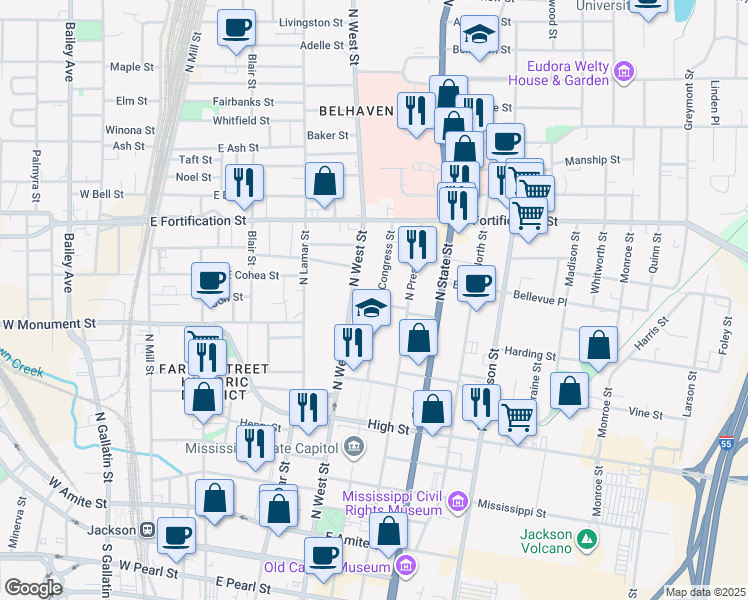 map of restaurants, bars, coffee shops, grocery stores, and more near 821-AB North Congress Street in Jackson