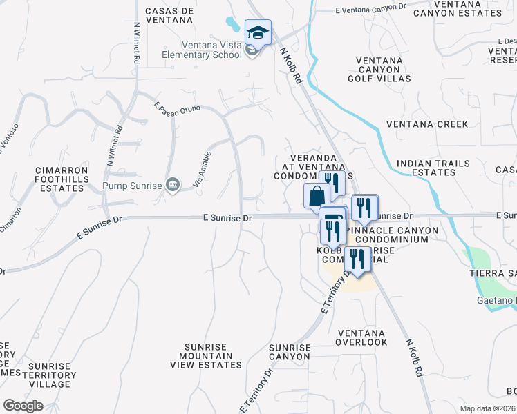 map of restaurants, bars, coffee shops, grocery stores, and more near 6630 East Círculo Invierno in Tucson