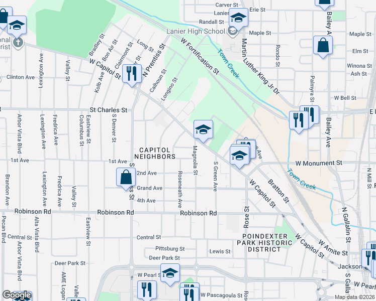 map of restaurants, bars, coffee shops, grocery stores, and more near 1240 Lawnview Place in Jackson
