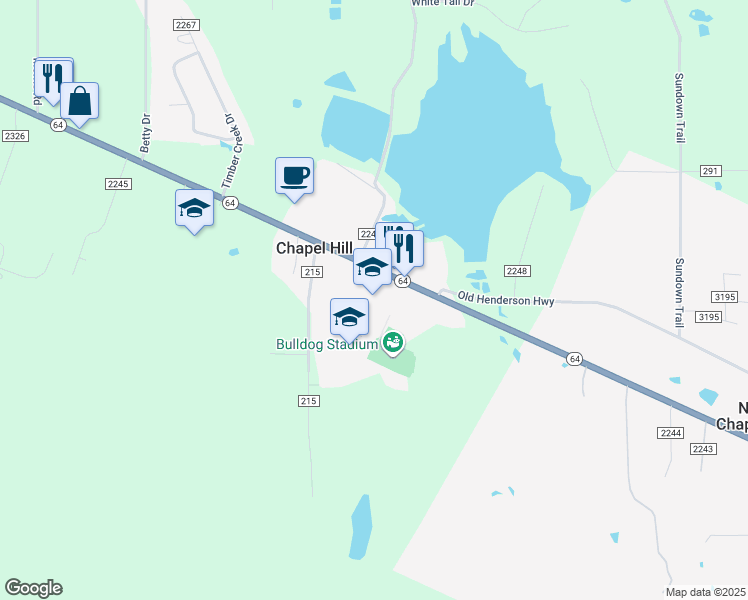 map of restaurants, bars, coffee shops, grocery stores, and more near 13172 State Highway 64 in Tyler