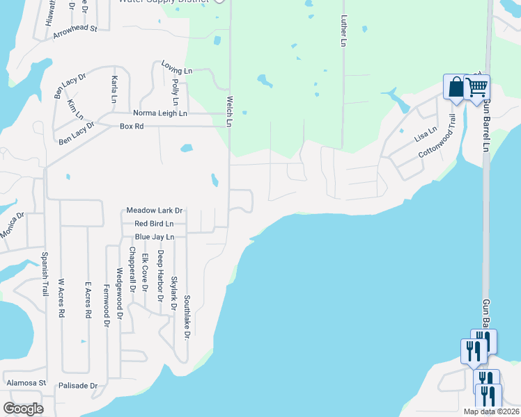 map of restaurants, bars, coffee shops, grocery stores, and more near 125 Sundrift Drive in Gun Barrel City