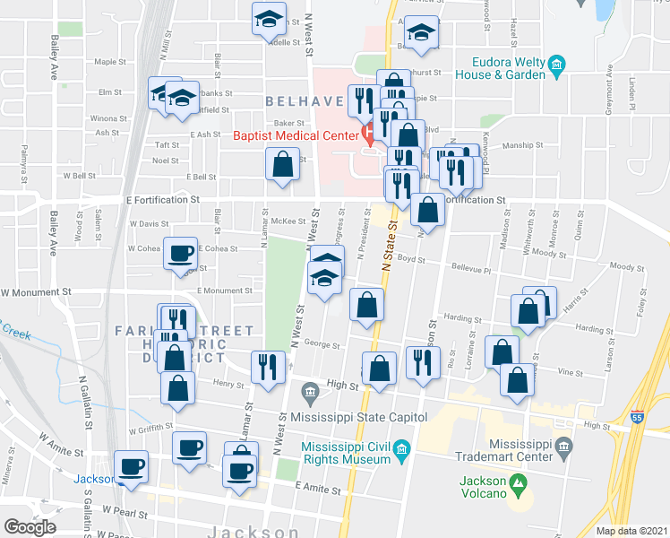 map of restaurants, bars, coffee shops, grocery stores, and more near 821-AB North Congress Street in Jackson