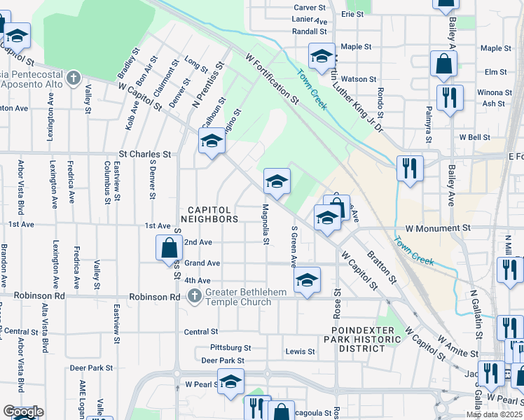 map of restaurants, bars, coffee shops, grocery stores, and more near 1287-1399 West Capitol Street in Jackson