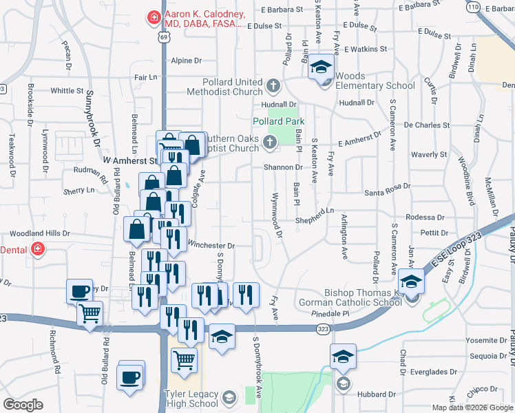 map of restaurants, bars, coffee shops, grocery stores, and more near 3512 New Copeland Road in Tyler