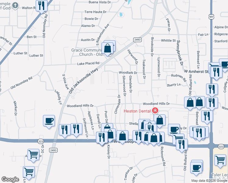 map of restaurants, bars, coffee shops, grocery stores, and more near 1213 Hampton Lane in Tyler