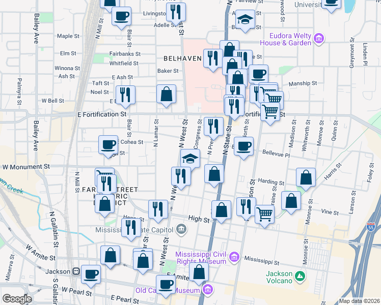 map of restaurants, bars, coffee shops, grocery stores, and more near 821-AB North Congress Street in Jackson