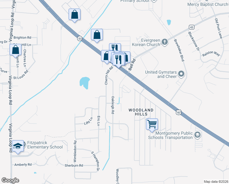 map of restaurants, bars, coffee shops, grocery stores, and more near 5953 Oakleigh Road in Montgomery