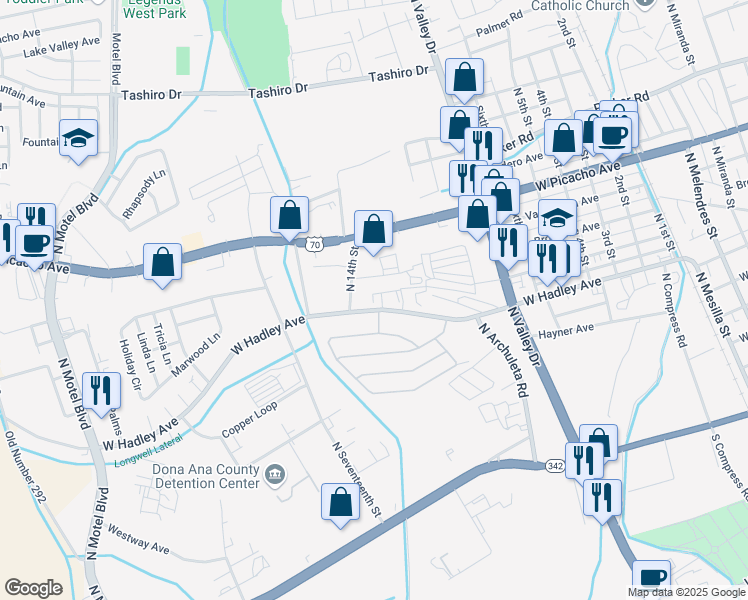 map of restaurants, bars, coffee shops, grocery stores, and more near 1754 Buildtek Court in Las Cruces