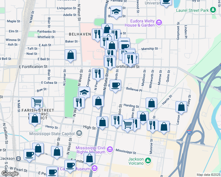 map of restaurants, bars, coffee shops, grocery stores, and more near 858 North Street in Jackson