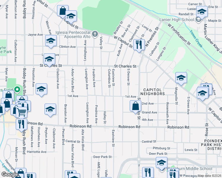 map of restaurants, bars, coffee shops, grocery stores, and more near 316 Eastview Street in Jackson