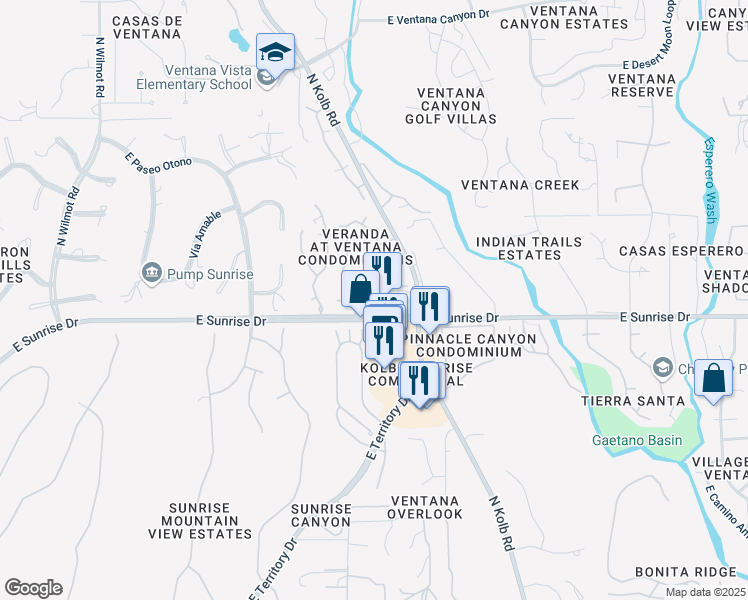 map of restaurants, bars, coffee shops, grocery stores, and more near 6855 East Sunrise Drive in Tucson
