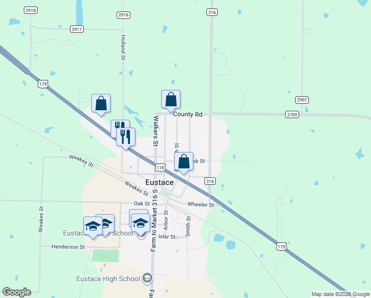 map of restaurants, bars, coffee shops, grocery stores, and more near 326 Meredith Street in Eustace